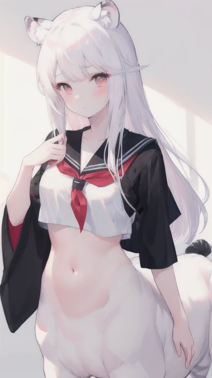 (best quality, masterpiece), 1 girl, centaur, I beg, White skin, Japanese schoolgirl,daughter,black pink, exposing the abdomen, belly button t-shirt , beautiful girl perfect, White tiger photo, 완벽한 White tiger photo