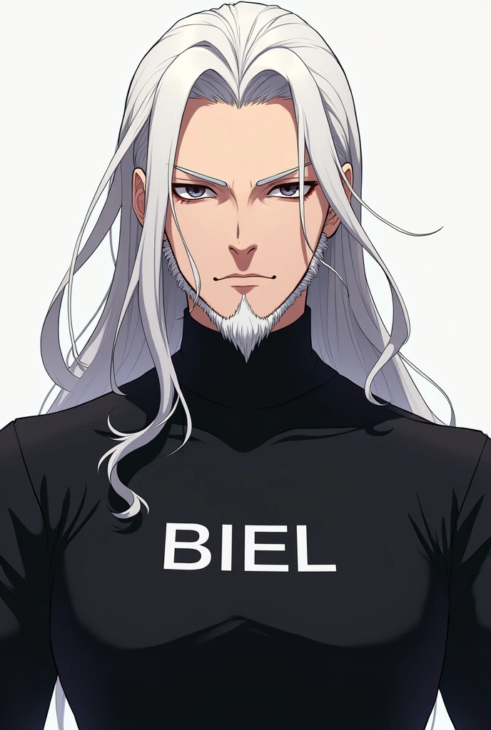 Character male character long white hair and black turtleneck shirt with white name in capital letters Biel a white beard anime theme