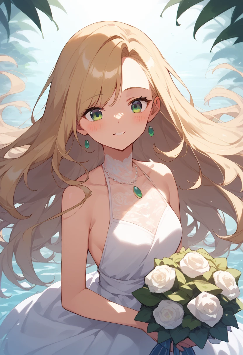 masterpiece, (score_9,score_8_up,score_7_up,score_6_up), 1 girl, green eyes, little sassy, skinny, tsurime, asymmetrical bangs, long hair, (blond hair:1.3), wedding Dresses,
white Mermaid Dresses,
white Halter Neckline,
sleeveless,(bouquet in red:1.2),
white Illusion Lace,teeth, blush, happy, , girl's front,