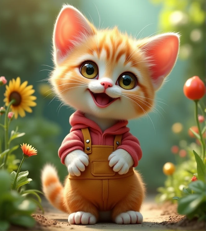 Imagine a lifelike kitten with humorous exaggerated features, oversized, wearing cute clothes, bright eyes and curiosity, smiling, positive image, smiling kitten, Disney style, capturing natural textures, and although its little PAWS are slightly larger, they are cuter. The background is a simple garden with an emphasis on natural colors and some greenery to create vibrant colors