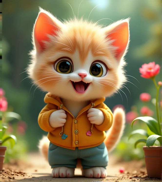 Imagine a lifelike kitten with humorous exaggerated features, oversized, wearing cute clothes, bright eyes and curiosity, smiling, positive image, smiling kitten, Disney style, capturing natural textures, and although its little PAWS are slightly larger, they are cuter. The background is a simple garden with an emphasis on natural colors and some greenery to create vibrant colors