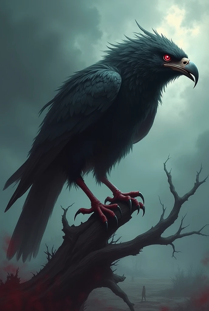 Create an image of a threatening and murderous looking bird that wants revenge against humanity and causes fear in people.