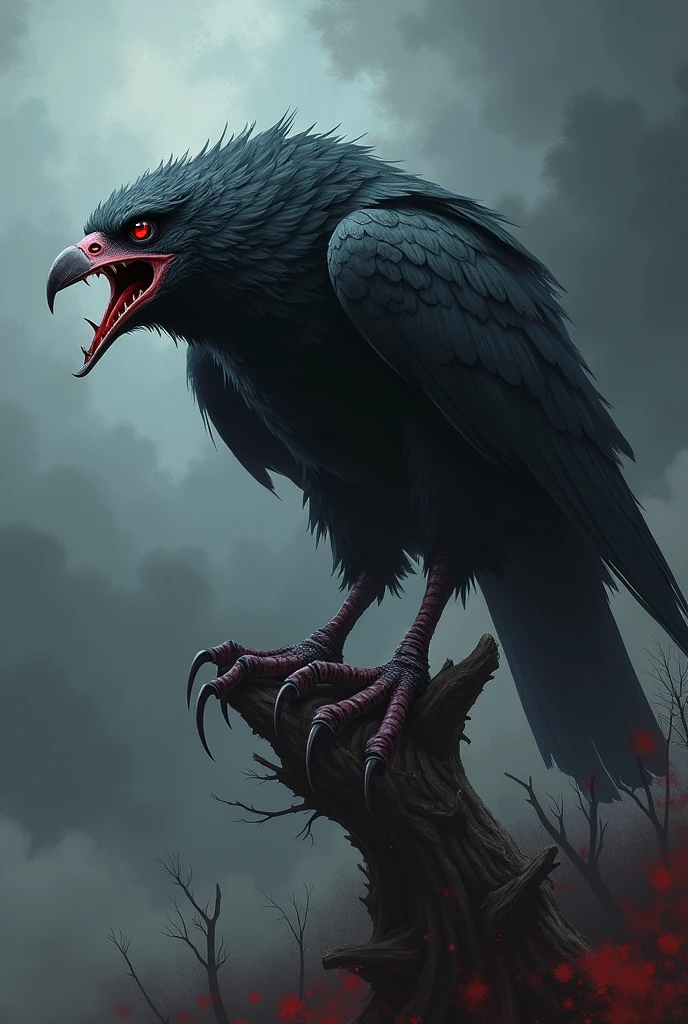 Create an image of a threatening and murderous looking bird that wants revenge against humanity and causes fear in people.