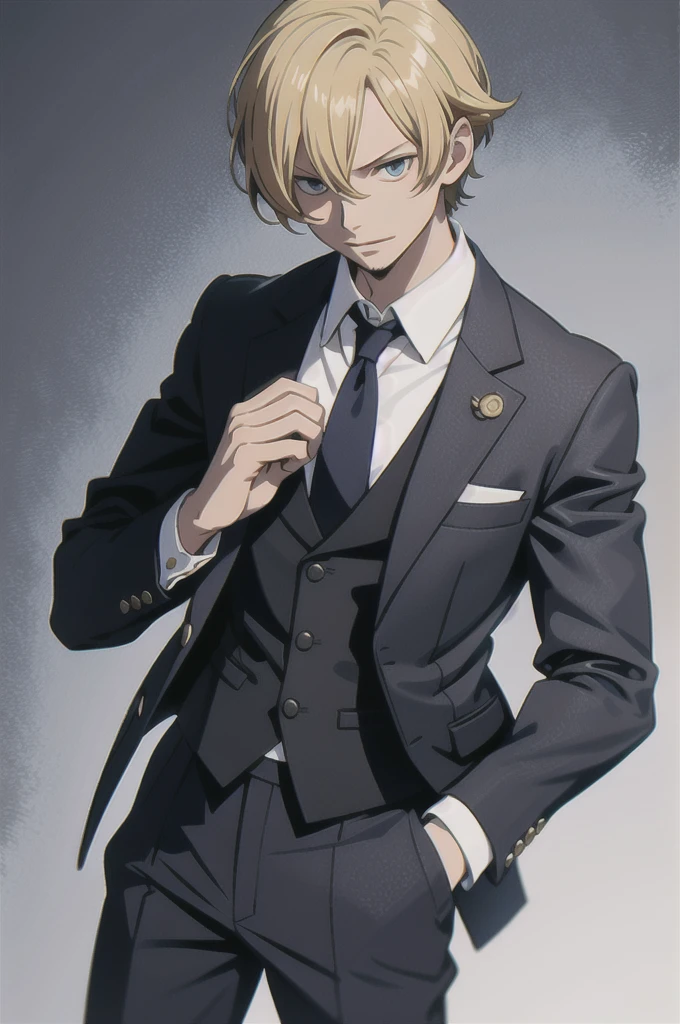 Create an image of Sanji from One Piece dressed in sophisticated "old money" style clothing, capturing his refined and suave demeanor. He is depicted as a dashing young man with his signature blonde hair styled neatly, perhaps with a few elegant waves or a subtle side part, enhancing his classic appearance. His striking blue eyes are sharp and expressive, reflecting both confidence and a hint of charm.

Sanji's outfit consists of a tailored, three-piece suit that exudes timeless elegance. The suit is a deep, rich color—such as navy blue or charcoal gray—with a subtle, sophisticated pattern. The jacket is well-fitted with a single-breasted design, complete with a sleek, matching vest underneath and a crisp, white dress shirt. The vest might have a slight sheen, adding to the opulence of the outfit.

The ensemble is completed with a stylish silk tie or cravat, in a complementary color or pattern that adds a touch of luxury. His trousers are tailored to perfection, falling neatly over polished dress shoes that shine with a high gloss. Accessories include a classic pocket watch or a small, elegant handkerchief peeking out from the breast pocket of his jacket.

Sanji’s posture is confident and poised, perhaps with one hand casually resting in his pocket and the other adjusting his tie or holding a refined accessory. His expression is charismatic, with a slight, knowing smile that captures his charming and sophisticated personality.

Every detail, from the texture of the suit fabric to the shine of his shoes, is rendered with the highest level of precision. The image should be visually stunning and captured in 8K resolution, ensuring every aspect of his appearance is portrayed with flawless quality, resulting in a captivating and elegant representation of Sanji in classic "old money" style clothing.
