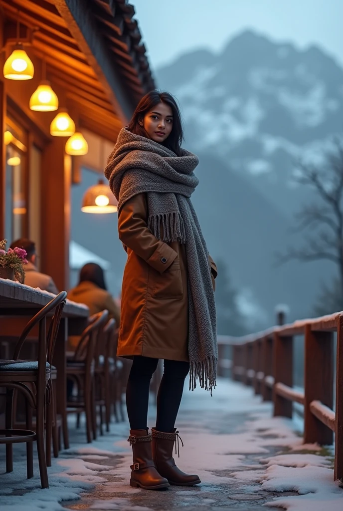 (photorealism:1.2), On a chilly evening, the Indian  20 year old lady, round face ,is bundled up in a stylish woolen shawl and ankle-length boots, standing in front of a cozy hill station café, with misty mountains in the background
Another pose