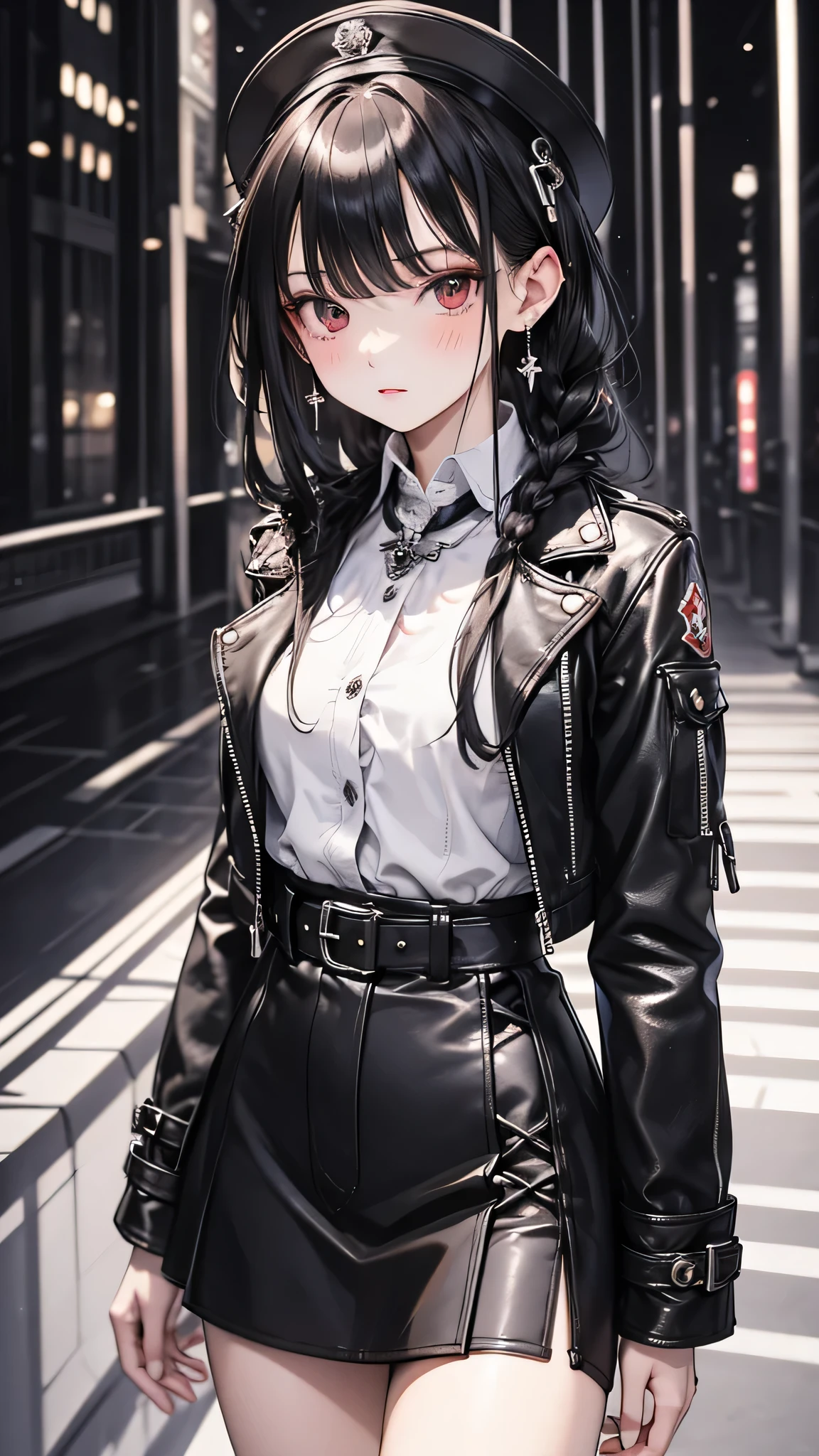 (masterpiece, Highest quality: 1.2), night, Highly detailed face, The real picture, Realistic Skin, Realistic body, Intricate details), Red eyes, (Intimidating look), A slight blush, Black leather jacket, Half-open button-up shirt (white), whiteいブラジャー, skirt, 黒 belt with buckle, Beautiful long hair (Stick to braids), Mid-chest, Slender beauty,