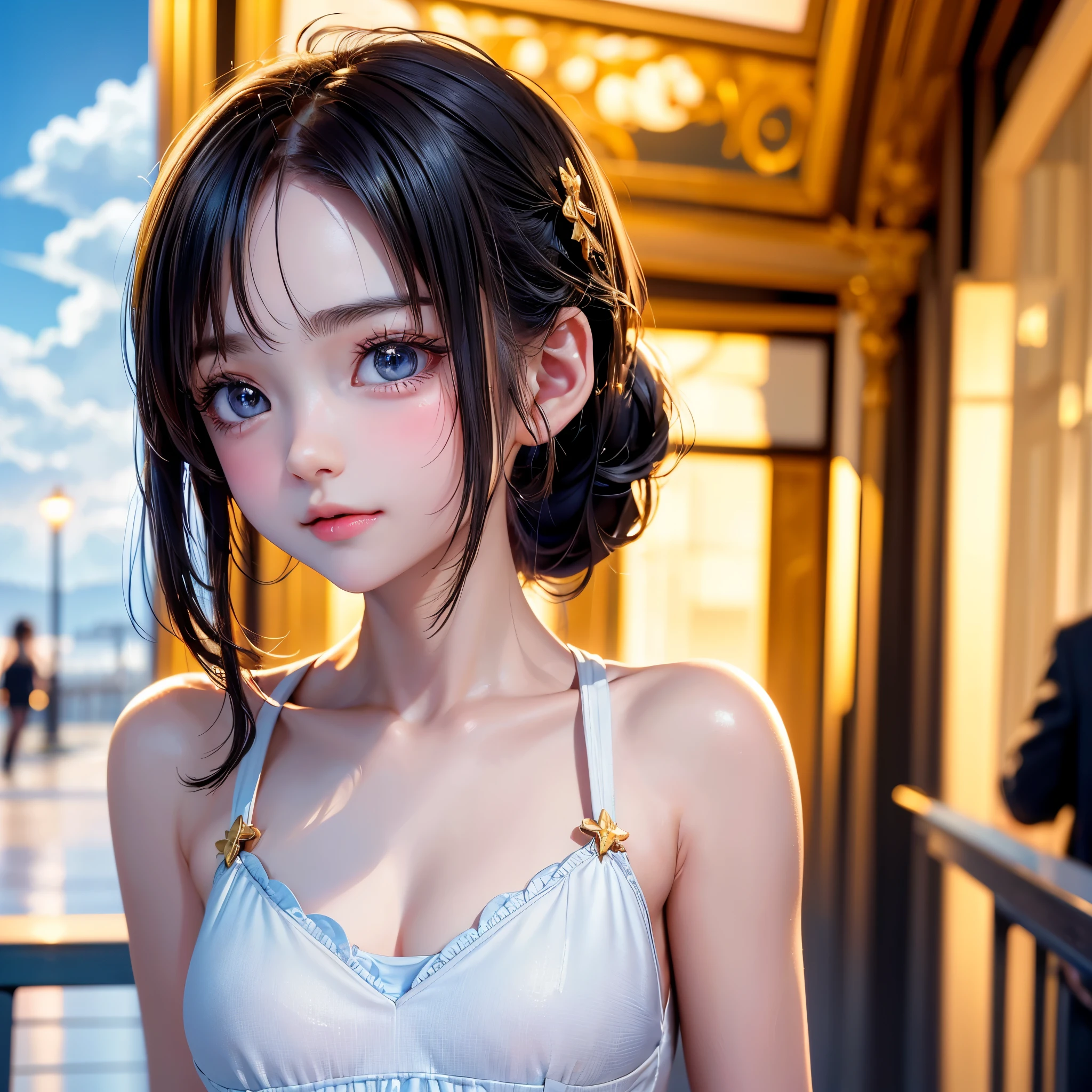 One Girl，(とてもcute少女:1.3)，masterpiece，Highest quality，High resolution，Photorealistic，RAW Photos，Ray Tracing，Physically Based Rendering，beautiful girl，(:1.3)，cute，Big eyes，(detailed pupils:1.2)，(The face is facing sideways:1.3)，Body facing sideways，Beautiful nose，High nose，Upturned nose，Fuller lips，Short black hair，ponytail，short hair，Detailed eyelashes，Thin eyebrows，Very fine grain definition，(Golden Ratio:1.3)，(Face close-up，Face Focus:1.0)，Small breasts，Slim figure，Short neck，White swimsuit，White Bikini，Ocean，Southern Island，Blue sky，White cloud，Portrait，View Viewer，Upper Body，Cinema Lighting，High resolution，Very detailed