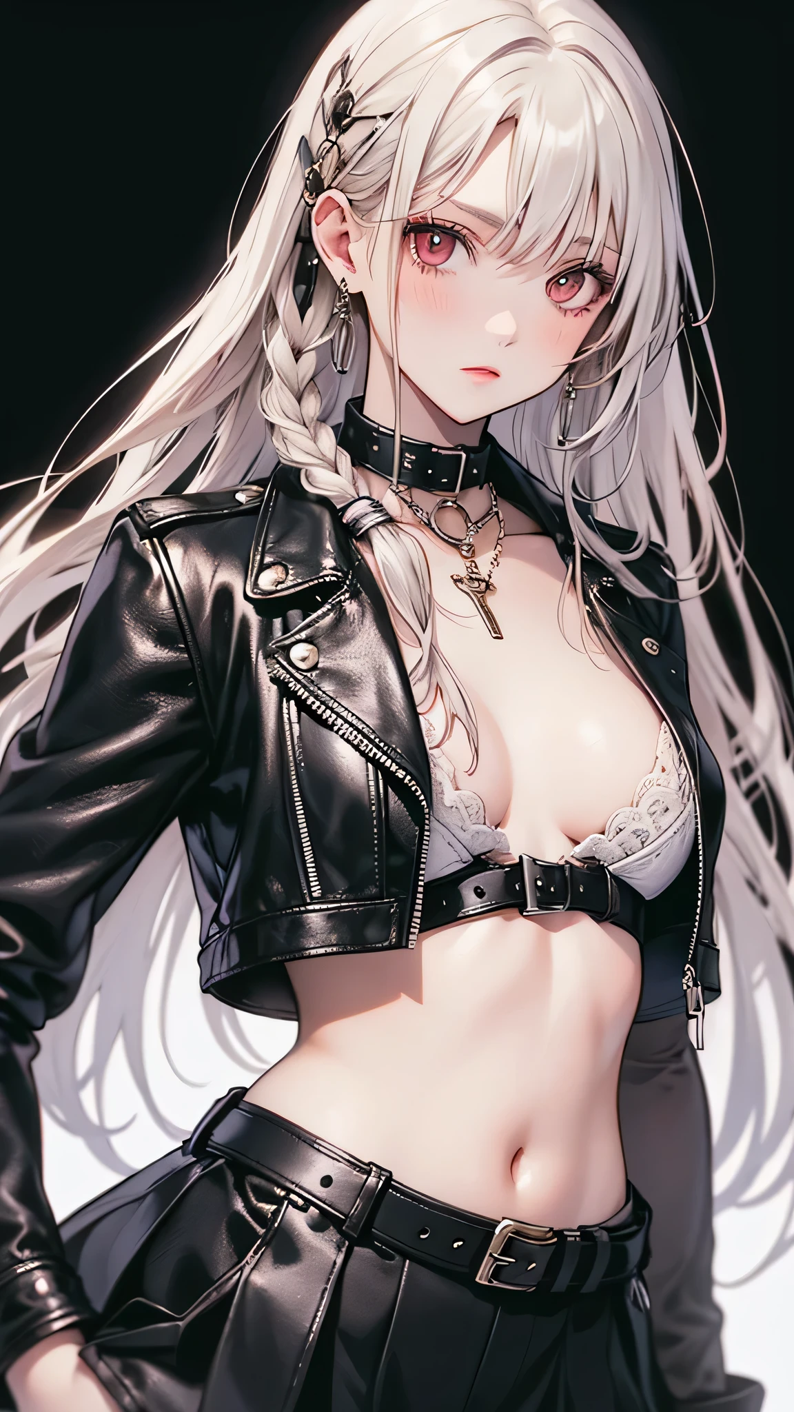 (masterpiece, Highest quality: 1.2), night, Highly detailed face, The real picture, Realistic Skin, Realistic body, Intricate details), Red eyes, (Intimidating look), A slight blush, Black leather jacket, Half-open button-up shirt (white), whiteいブラジャー, skirt, 黒 belt with buckle, Beautiful long hair (Stick to braids), Mid-chest, Slender beauty,