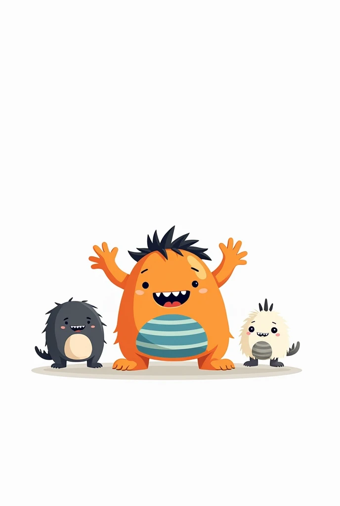 Cute monsters, simple lines, flat illustration style, white background, three cute cartoon monster characters in the middle of the frame, an orange character with blue stripes on its chest and black hair, two other black ink drawings, a white fur character with grey eyes and a long spiky tail, white background, white space around the characters.
