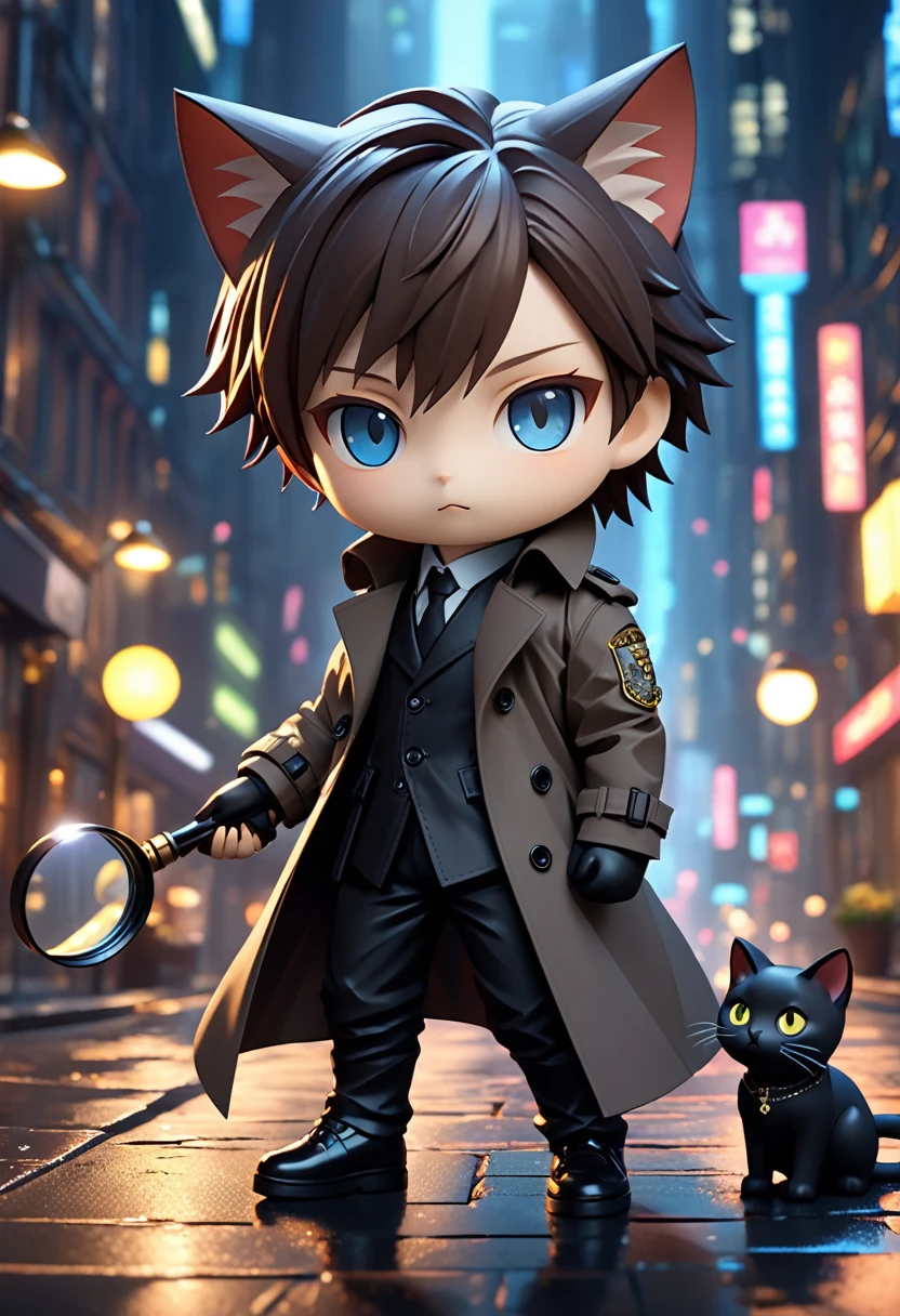 (best quality, masterpiece, ultra highres, ultra-detailed),The boy is Cait Sith. Cait Sith is a private investigator in Cyber City. He is wearing a trench coat and black pants everywhere. His head is that of a cat, and his followers are those of a cat. (chibi-character). He has his favorite magnifying glass. Beautiful lighting, volumetric lighting, dynamic angle, (photographic portrait), sharp,