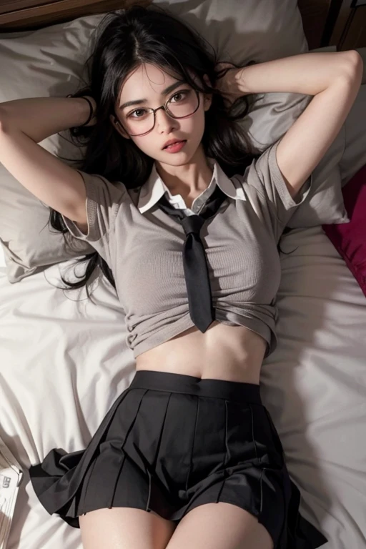 Korean girl wearing glasses, school uniform, short skirt, black hair, blue eyes, showing thighs and navel, lying on the bed, barefoot, sweating a lot, mouth wide open, arms tied up, shy, squinting, both eyebrows raised, thin eyebrows, not too dark, high nose, big breasts, wet legs, big man hugging her