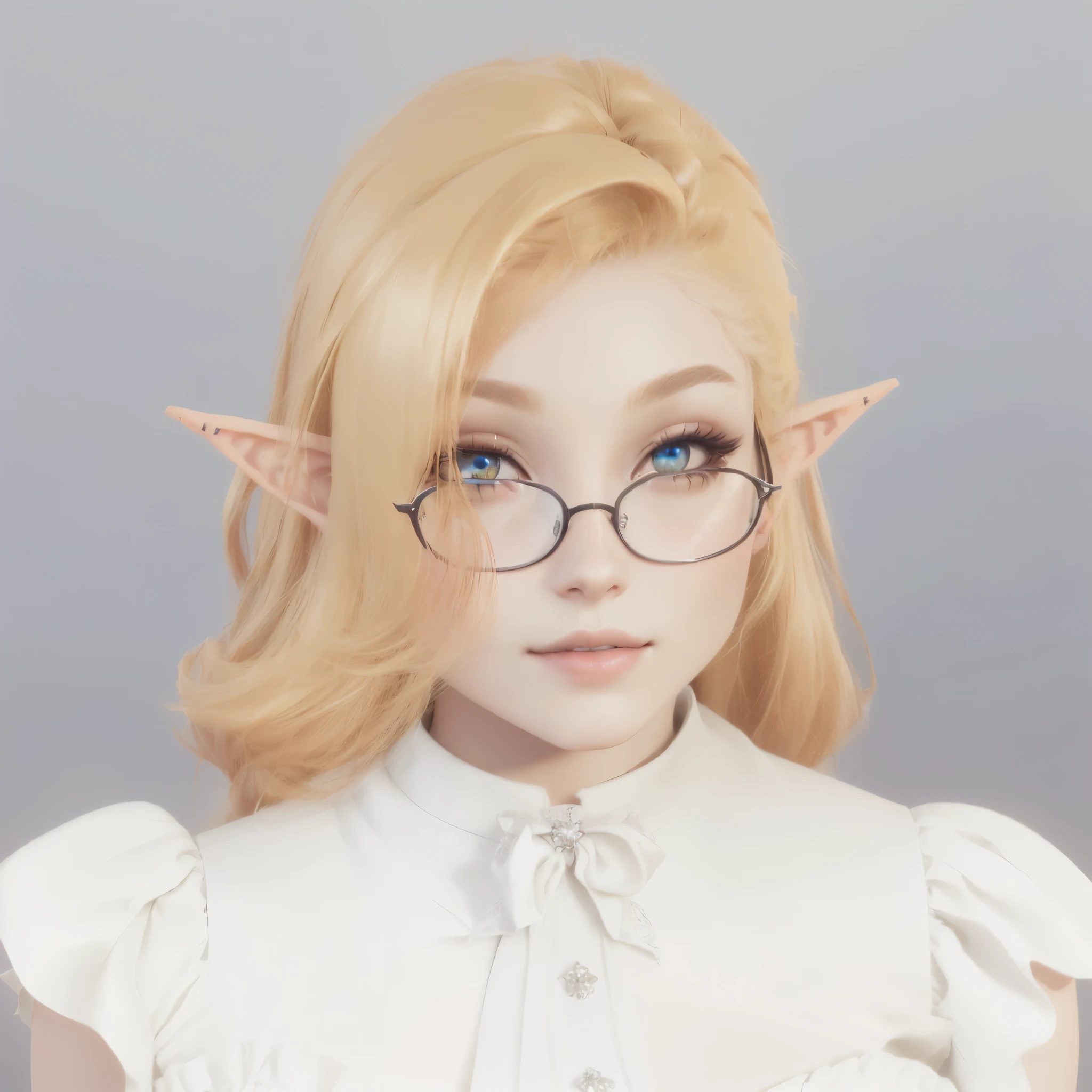 In blonde woman、Wearing glasses、She is wearing a white blouse, a Elf portrait, Elf portrait, elven character with smirk, Anime-style 3D, render of mirabel gone crazyrigal, April Rendering, Ultra-detailed fantasy characters, She has elven ears and golden eyes, (((gone crazy))) Elf Princess, Elf Girl, Realistic Anime 3D Style, realistic fantasy render