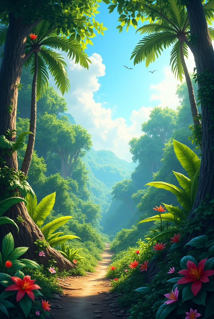 Jungle Setting:Description: A vibrant, lush jungle with dense foliage, tall trees, and a clear, bright sky. Include elements like colorful flowers and scattered fallen leaves to set the scene.