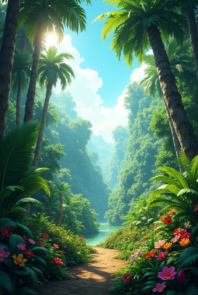 Jungle Setting:Description: A vibrant, lush jungle with dense foliage, tall trees, and a clear, bright sky. Include elements like colorful flowers and scattered fallen leaves to set the scene.