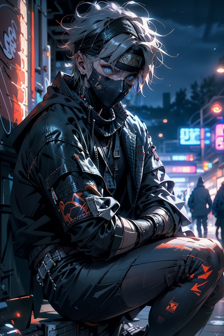 (Highest quality,4K,High resolution),Scarecrow sitting on the ground in street style, Leaning against a wall, Red Jordan, Red ninja gloves, Gray Hair, ninja headband, Mask covering the mouth, Graffiti Background, Vibrant colors, urban art style, Edgy lighting