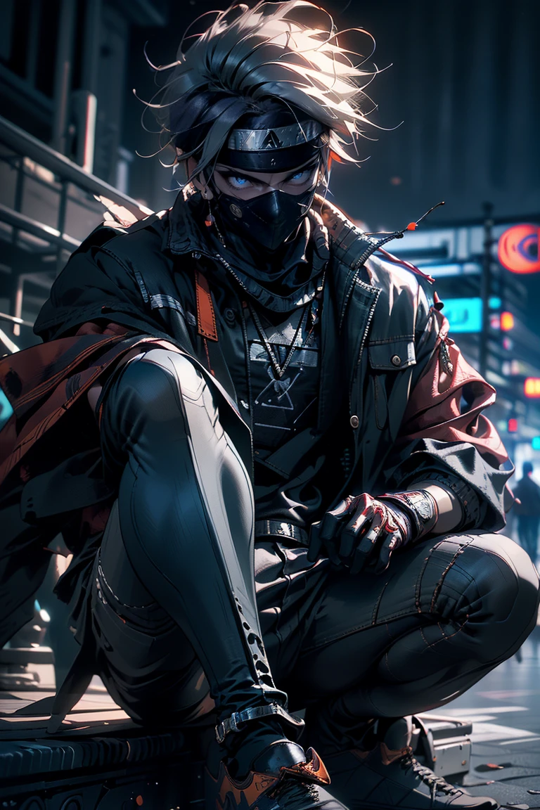 (Highest quality,4K,High resolution),Scarecrow sitting on the ground in street style, Leaning against a wall, Red Jordan, Red ninja gloves, Gray Hair, ninja headband, Mask covering the mouth, Graffiti Background, Vibrant colors, urban art style, Edgy lighting