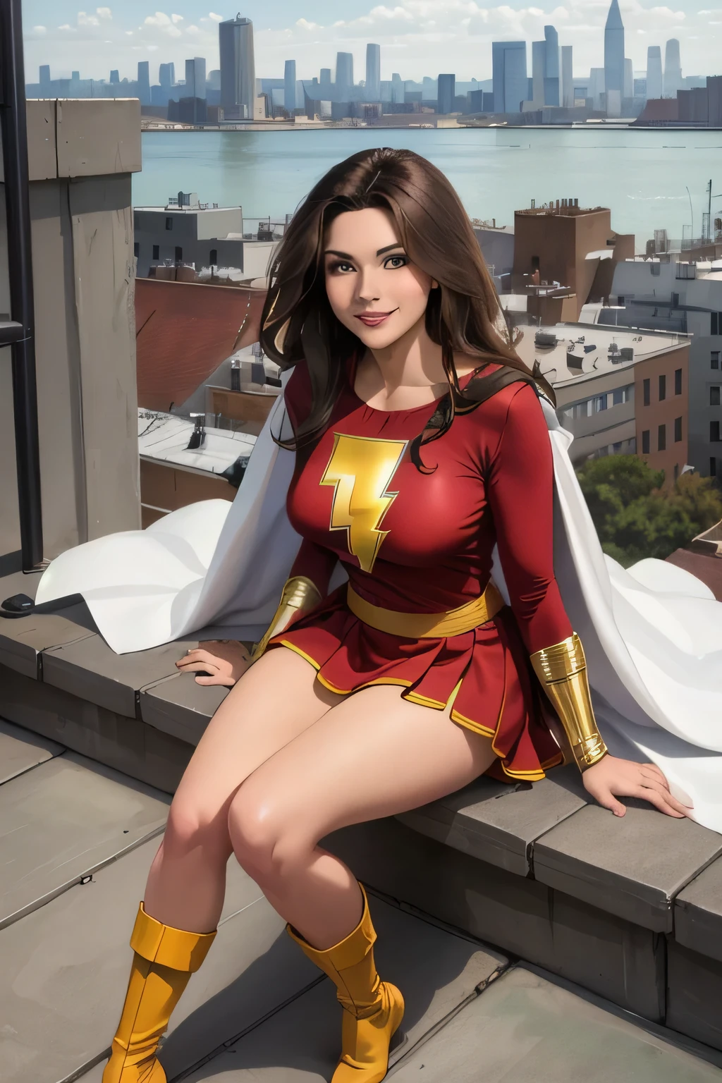 masterpiece, best quality,  mary marvel, white cape, red dress, red skirt, long sleeves, bracer, large breasts, smile, looking at viewer, cityscape, rooftop, smile, yellow boots, sitting