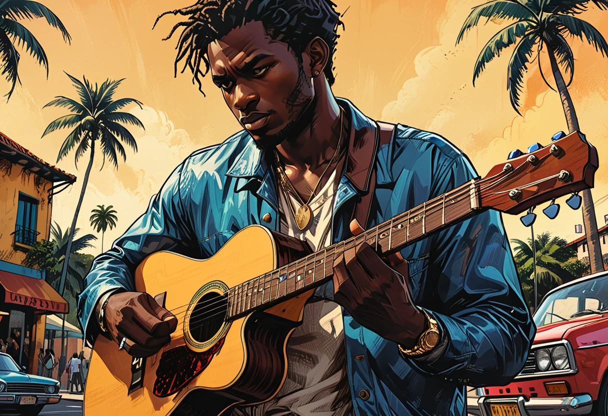 (((guitar close-up, hands only))),city square,dark skin, street, tropical street, palm trees, graphic style of novel comics, 2d, 8k, hyperrealism, masterpiece, high resolution, best quality, ultra-detailed, super realistic, Hyperrealistic art, high-quality, ultra high res, highest detailed, lot of details, Extremely high-resolution details, incredibly lifelike, colourful, soft cinematic light,