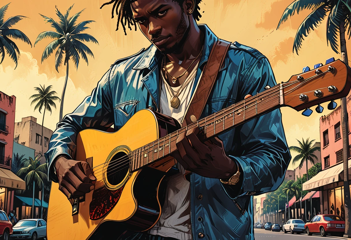 (((guitar close-up, hands only))),city square,dark skin, street, tropical street, palm trees, graphic style of novel comics, 2d, 8k, hyperrealism, masterpiece, high resolution, best quality, ultra-detailed, super realistic, Hyperrealistic art, high-quality, ultra high res, highest detailed, lot of details, Extremely high-resolution details, incredibly lifelike, colourful, soft cinematic light,