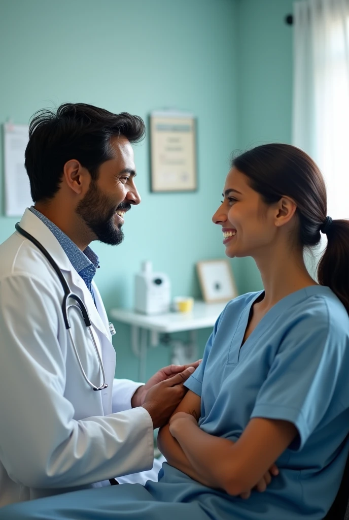 30 years Indian male doctor is looking at the patient, both are smiling looking each other.
