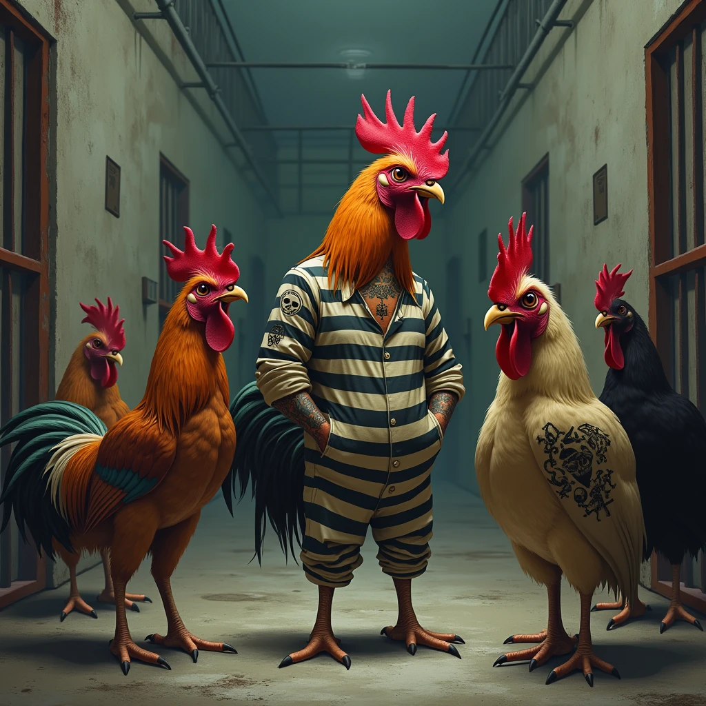 image of a rooster in prison clothes, with tattoos, CHATTING WITH HIS FRIENDS