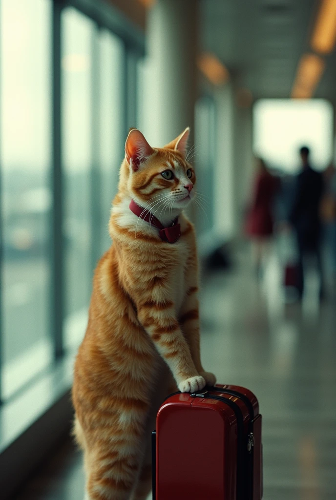 35mm lens,Multiple angles,Beautiful Cat,cute,sexly,Personification,Back,Side,silhouette,Overhead shot,Cat,Standing,Doll,Airline stewardess,Trolley case,,AIRPORT,Airline stewardess, cloak,Ruan Jia,,Work clothes,tie, (Delicate face), (Fine fluffy fur),(35mm Cinema Lens),(Multi-angle shooting),(many viewing angles)