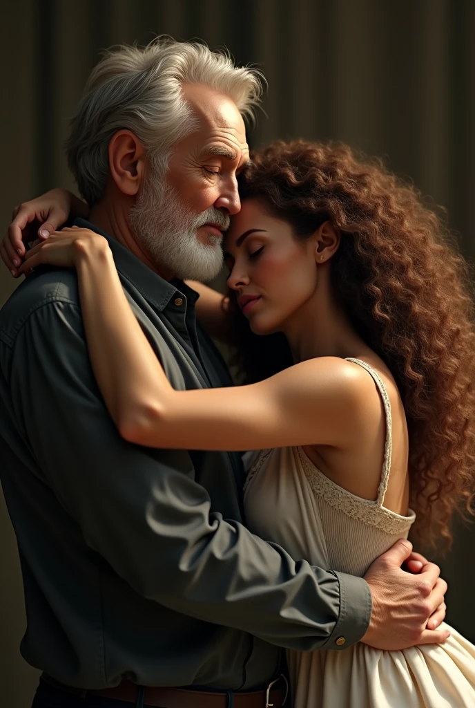 (photorealism:1.2), Una sexy curly brown hair mujer, fainted in the arms of a 90-year-old old man