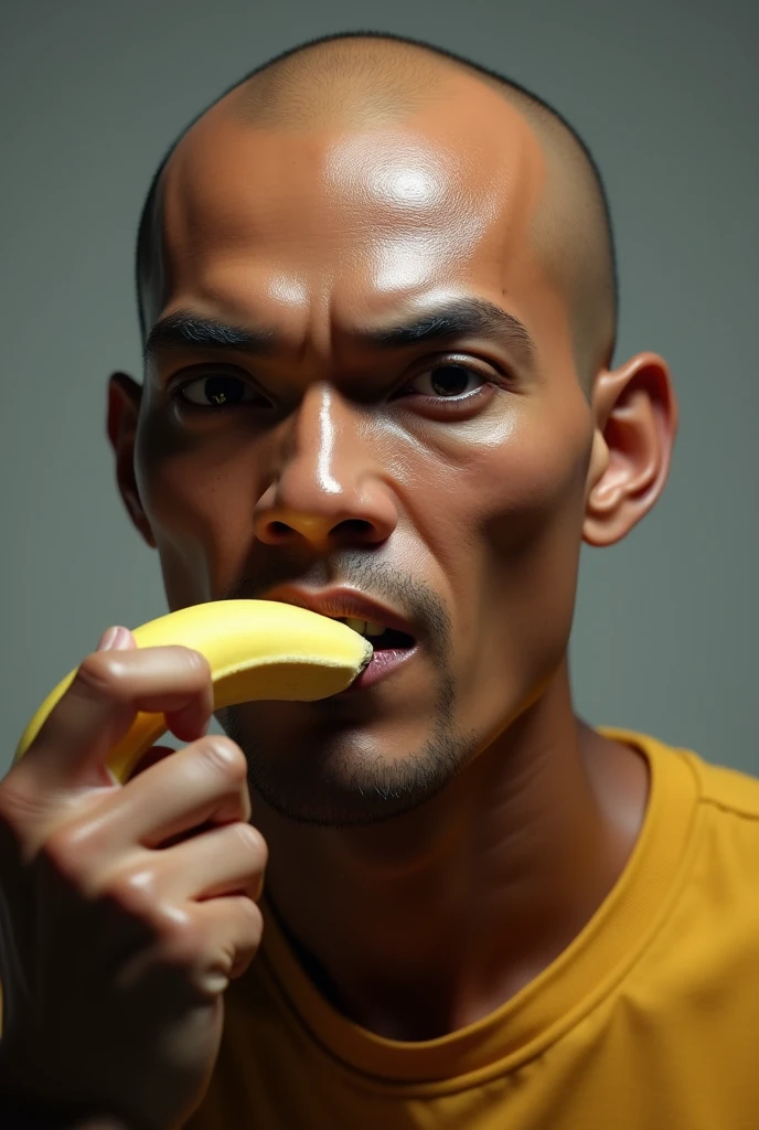 a bald indonesian man in his 30s eating a banana,extremely detailed face and skin,high quality portrait,realistic,photorealistic,photo-realistic,HDR,UHD,studio lighting,ultra-fine painting,sharp focus,physically-based rendering,extreme detail description,professional,vivid colors,bokeh,masterpiece