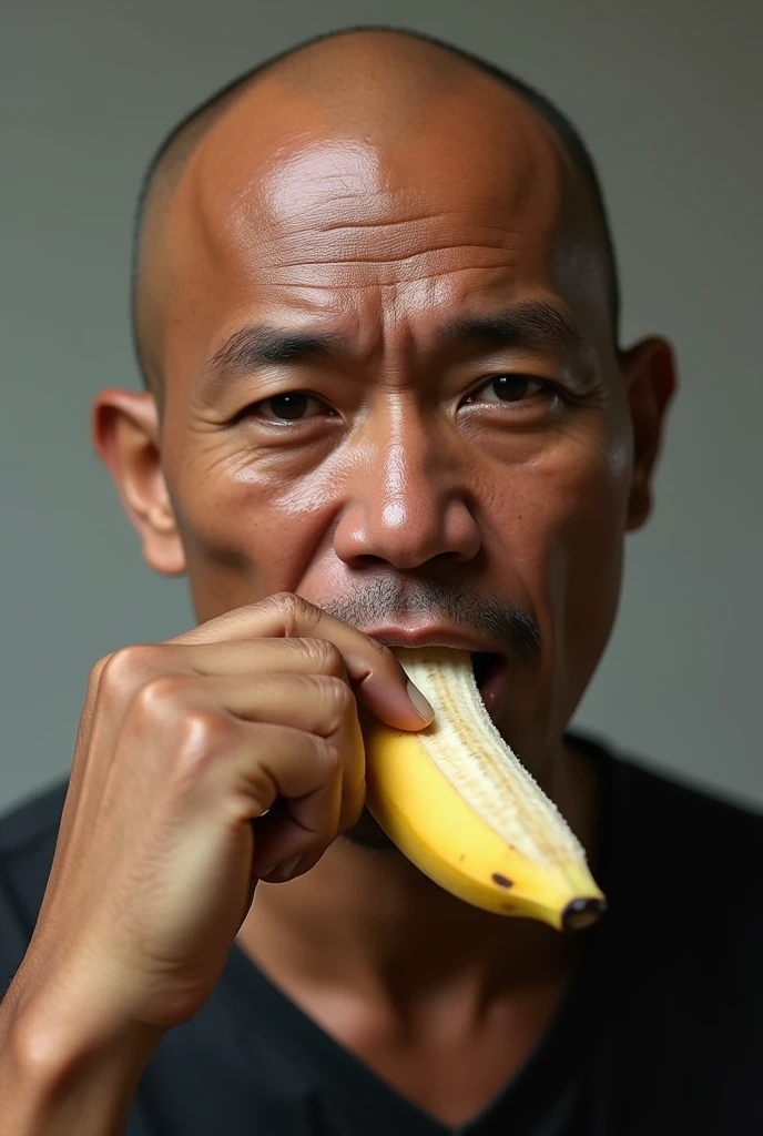 a bald indonesian man in his 30s eating a banana,extremely detailed face and skin,high quality portrait,realistic,photorealistic,photo-realistic,HDR,UHD,studio lighting,ultra-fine painting,sharp focus,physically-based rendering,extreme detail description,professional,vivid colors,bokeh,masterpiece