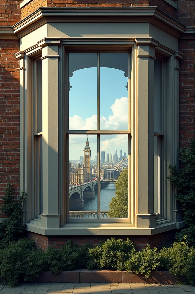 A picture of the side of a house with a window and a view of London