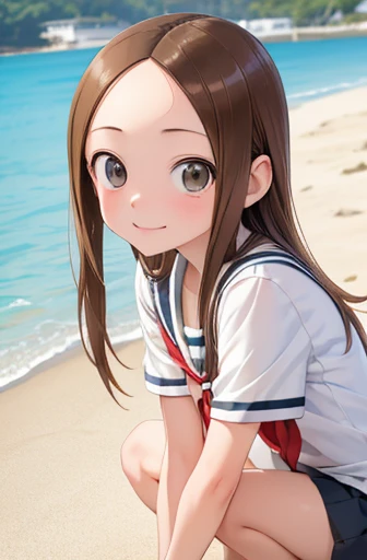 (Super detailed)(Master quality)(RAW Photos))(8k)(Realistic, photo Realistic:1.2)(Super detailed anime)(Anime Style) ((Highest quality)),(MS. Takagi who is good at teasing)(Sandy beach On the sand)((Middle school students、Baby Face))