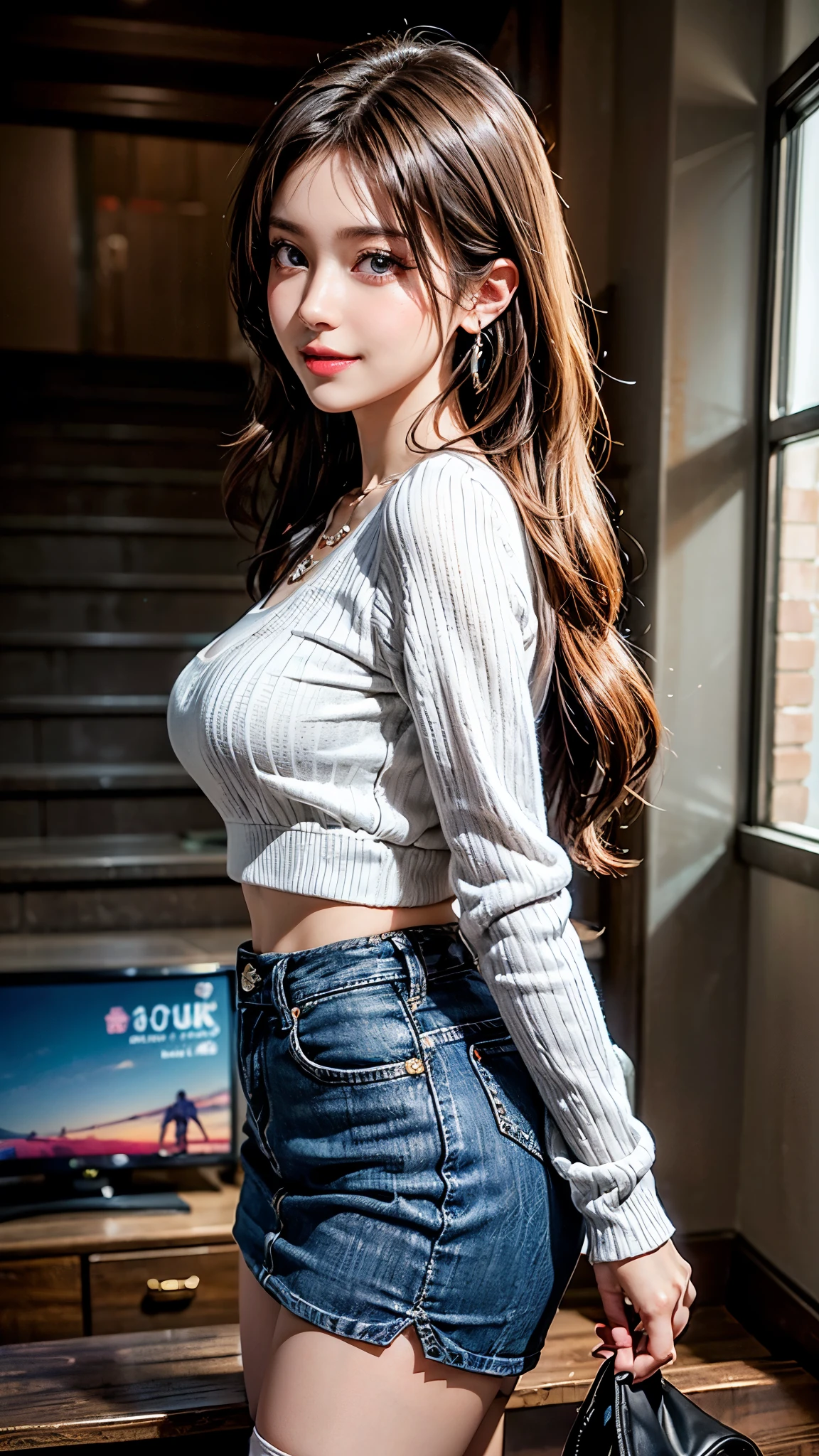 (Tabletop: 1.3), (Maximum resolution: 1.2), (Ultra HD TV: 1.2), Cinematic light, Ultra HD TV, (Detailed eyes and skin), (Detailed facial features), Hmph, 8k resolution, Sharp focus: 1.2, Perfect Style, Beautiful Face, Perfect body, Acura, Anatomically correct, Highly detailed face and skin texture, Detailed eyes, Dark blue eyes, double eyelid, Thin eyebrows, Glitter Eyeliner: 1.2, Natural Cheeks, Glowing Skin, Fair skin: 1.2, Shiny little necklace and earrings, (Glossy Lips: 1.4), break, First Person View, (She is a very cute female teacher), (stockings), (Captivating smile: 1.2), ((Pure and cute:1.3)), (Long Wavy Hair), (Light Brown Hair:1.2),  (Cowboy Shot: 1.2), break, ((Very close relationship: 1.2)), Medium large breasts, ((View your viewers:1.2)), ((Station stairs:1.2)),(From the side:1.2),Full Body Shot　A light-colored, long-sleeved, tight-fitting sweater　Tight Denim Mini Skirt　Embarrassed look　Kamimei