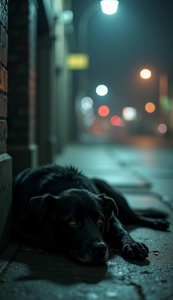 The black dog was thrown to the corner of the street., it lies in a corner on a cold evening street, there are street lights