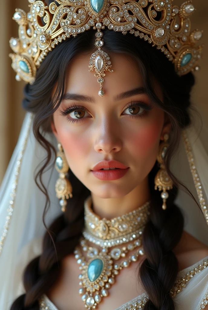   Seductive Princess Girl, expressive sparkling eyes, very long eyelashes, snub nose, plump raspberry lips ,  lush wide braids, kokoshnik, Burga, Tika, filigree arabic jewelry, diamonds, silk bows, glitter, glitter, honeycore, beauty aesthetical girl, glam design, , a high resolution, Exposure Depth.