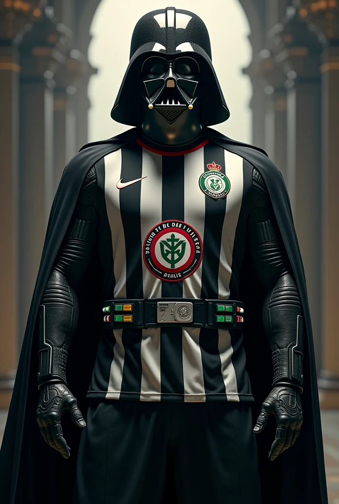 Imagine o Darth Vader, with his iconic black suit and helmet, wearing a Santos F shirt.c., which has the traditional black and white design, with the club&#39;s crest highlighted on the chest. He could be in a majestic pose, perhaps with the lightsaber in one hand and making a gesture of "strength" with the other.