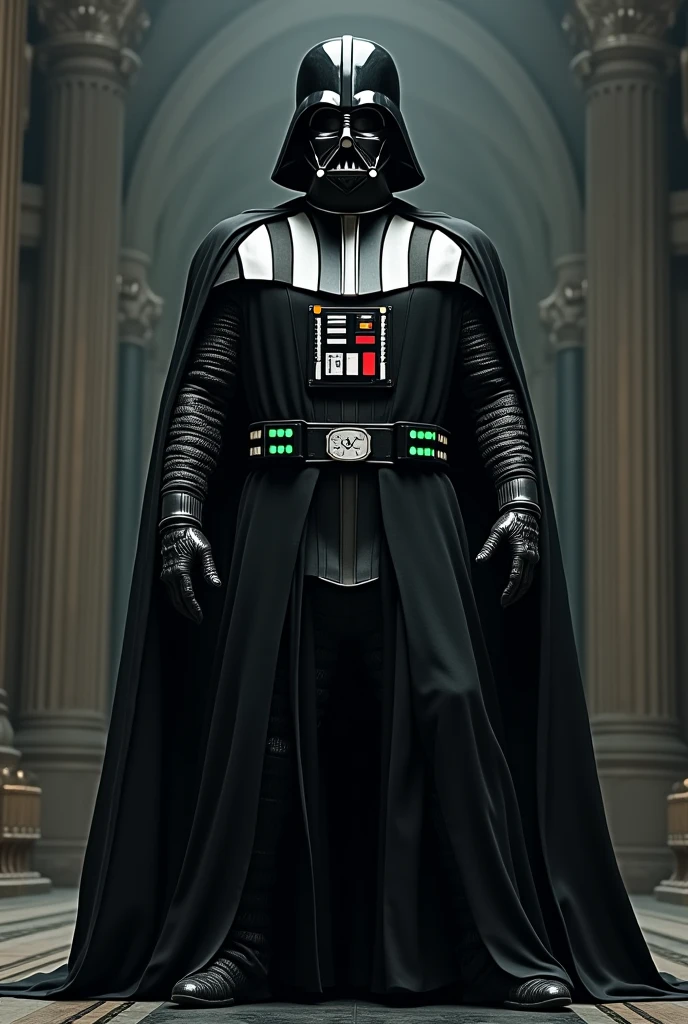 Imagine o Darth Vader, with his iconic black suit and helmet, wearing a Santos F shirt.c., which has the traditional black and white design, with the club's crest highlighted on the chest. He could be in a majestic pose, perhaps with the lightsaber in one hand and making a gesture of "strength" with the other.