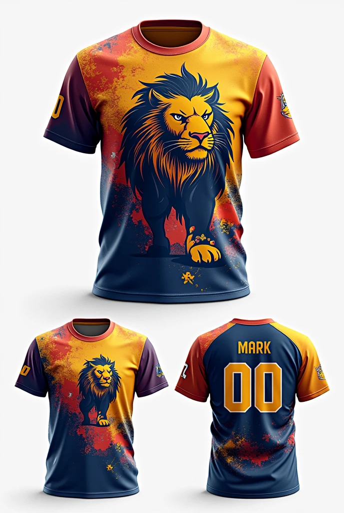 
Here’s the combined prompt for the T-shirt design, integrating both the front and back elements:

T-shirt Design:

Color: White

Front:

Main Design: Feature random patterns across the entire front surface, creating a unique and dynamic background.
Lion Logo: Position a sideways lion logo in a cricket-style pose over the chest area, facing sideways. Ensure the lion design is prominent but not overwhelming.
Marist School Marikina Logo: Place the Marist School Marikina logo separately on the front, either above or below the lion, ensuring it is distinct from the lion design.
Back:

Jersey Design: Include a customizable jersey design with large "00" numbers. The numbers should be in a bold, sporty font and be changeable.
Text: Above the numbers, add the text "St. Mark" in a bold, stylish font that stands out.
Additional Design: Incorporate random design elements, such as abstract patterns or graphics, to add uniqueness to the back of the T-shirt.