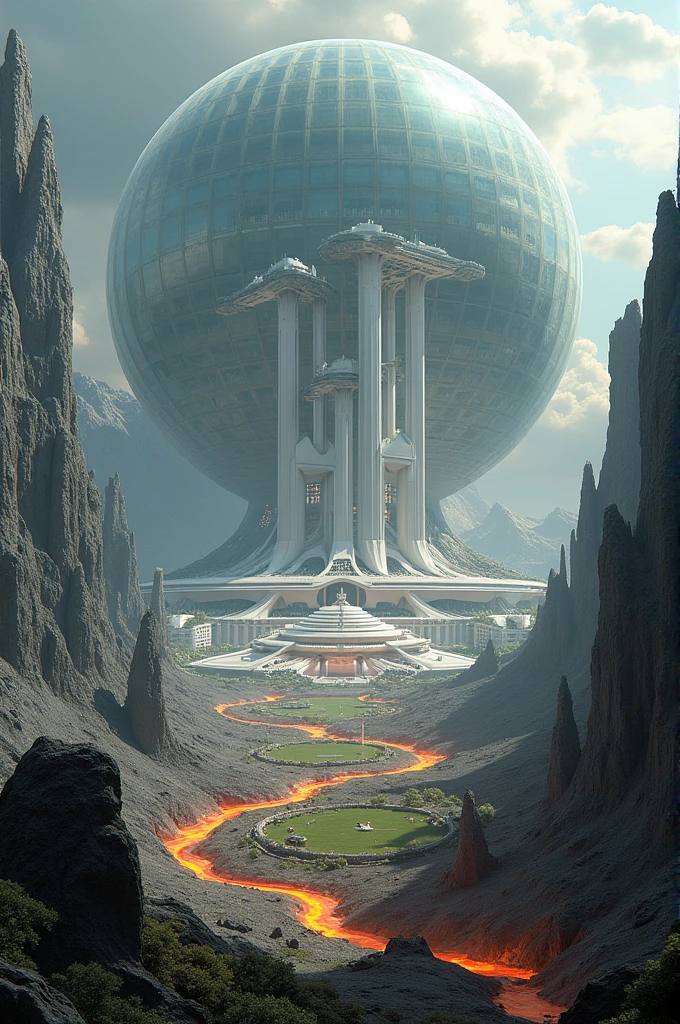 landscape :
Once the world that looks like a volcano. So everything with dark grey stones and lava flows and lakes. And then there is a city in a glass dome with ultra-modern white houses. A giant palace, a big beautiful park in the middle and a MEEGA STRONG ARMS THAT BLOW AWAY EVERYTHING THAT GOES. Traffic is with so floating cars.