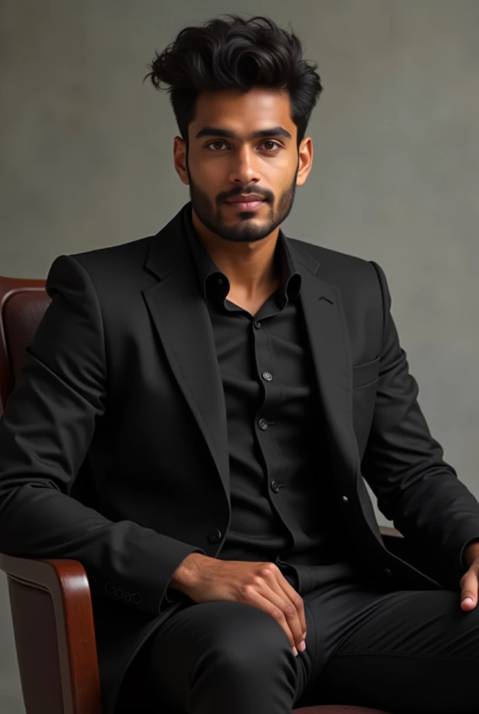 A 18 year old Bangladeshi boy in black suit is sitting in a chair . Trund his face into left sight . And giving a stylish pose
More realistic. Without highlights 