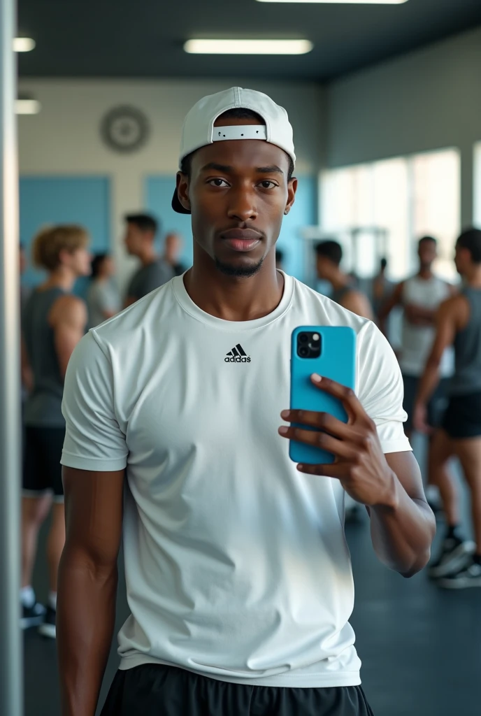 best qualityer:1.4), (ultra high resolution:1.2), (photorrealistic:1.4), (8k, CRU photo:1.2), 1 thin 20 year old male teenager, skin black, with a smooth, beardless face, is wearing a white cap, is wearing a white short sleeve Adidas shirt. He's wearing black shorts. He's taking a picture in the mirror. He has an iPhone with a blue case. In the background there is a gym and people moving around. He has thin arms. The photo is focusing on your face. is sitting.