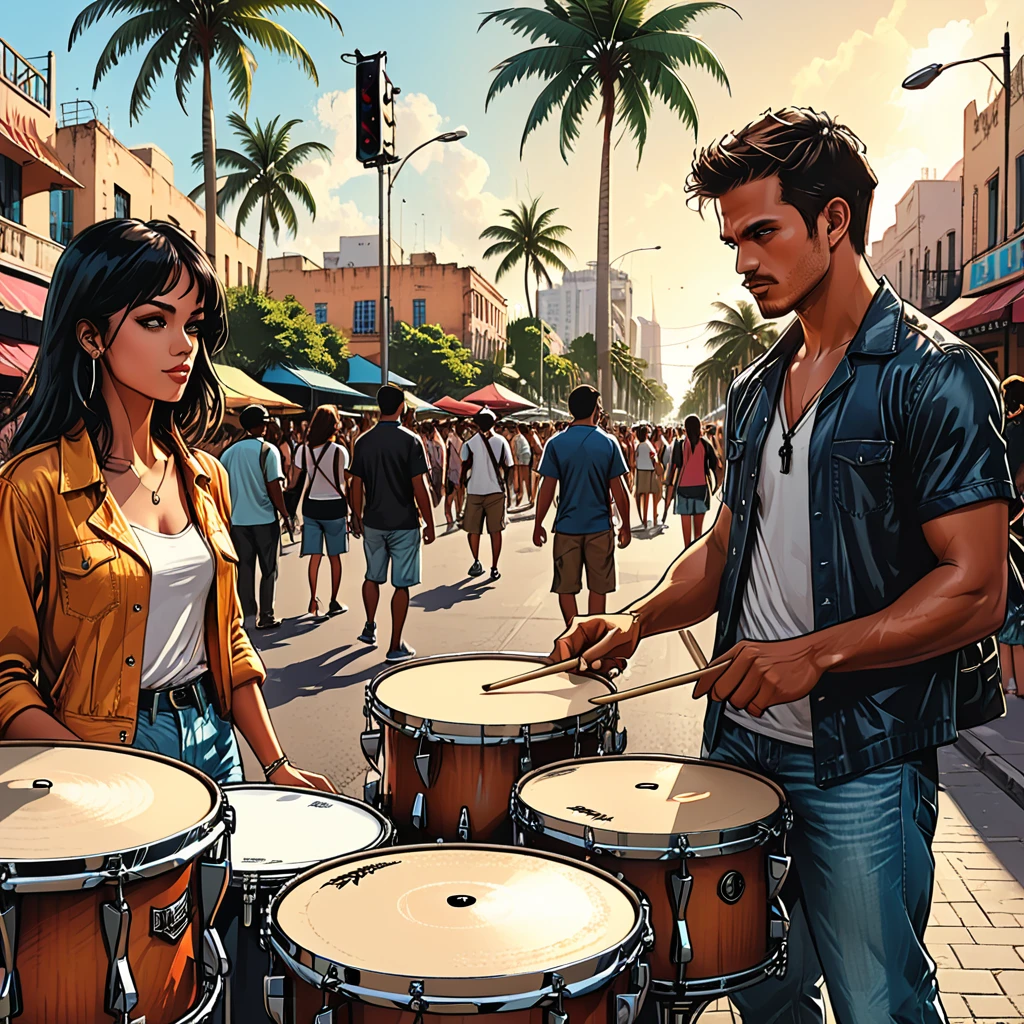 (((close-up drums,)))city square, street, people looking, tropical street, palm trees, close-up drums, graphic style of novel comics, 2d, 8k, hyperrealism, masterpiece, high resolution, best quality, ultra-detailed, super realistic, Hyperrealistic art, high-quality, ultra high res, highest detailed, lot of details, Extremely high-resolution details, incredibly lifelike, colourful, soft cinematic light,