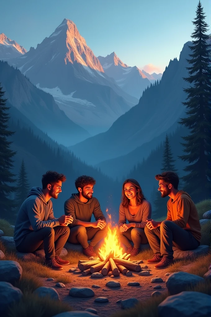 Five freind chill in mounten with born fire