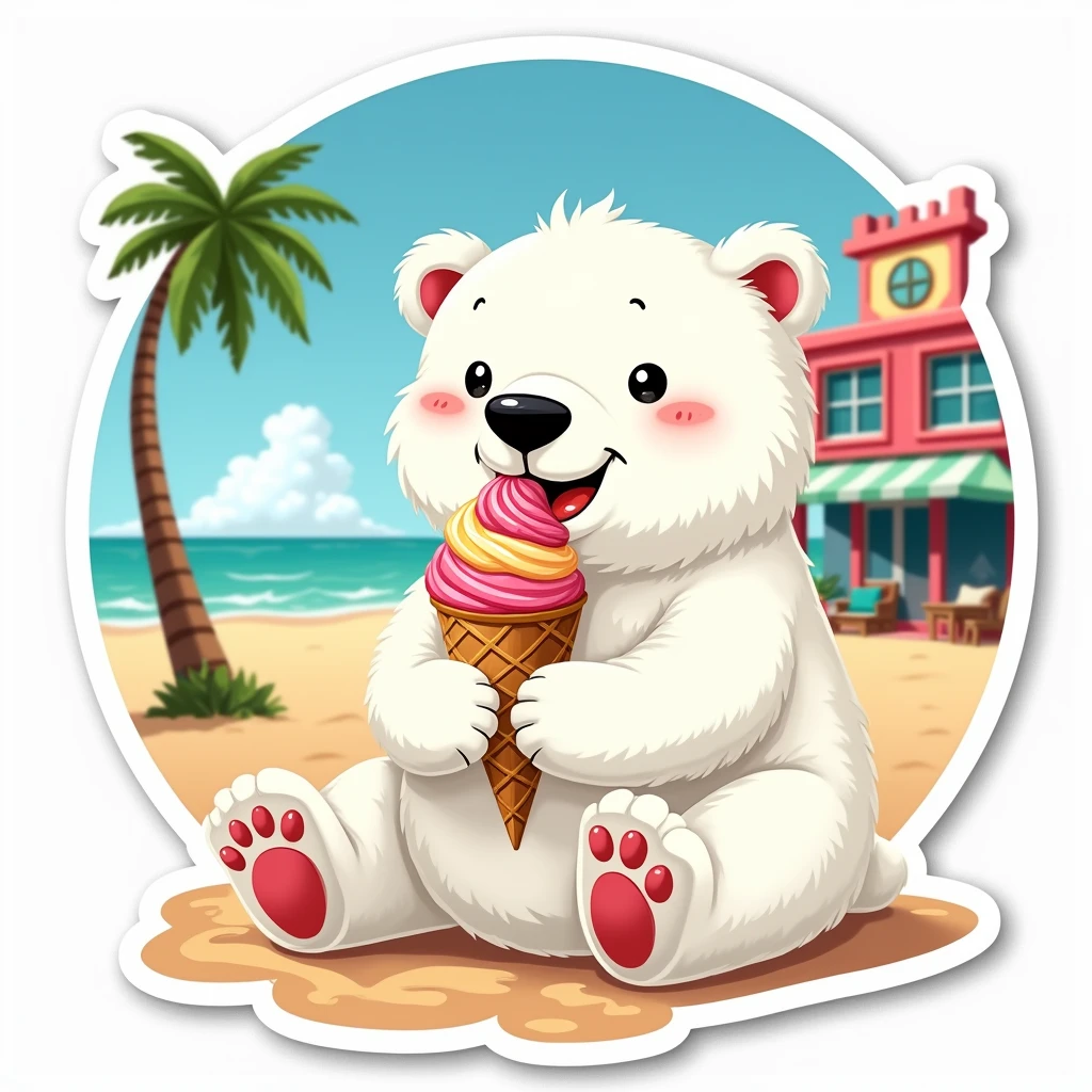 Sticker, Polar bear on Miami beach eating ice cream, Vector, White background, Detailed