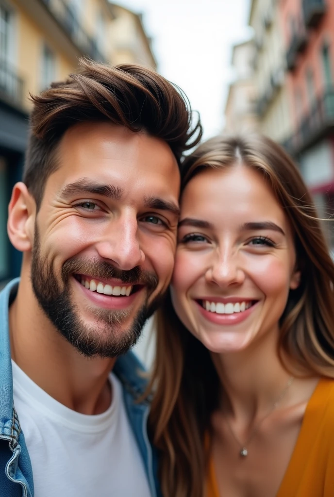 Young Couple Selfie with bf having messi, hair in street using snap cartoon filter