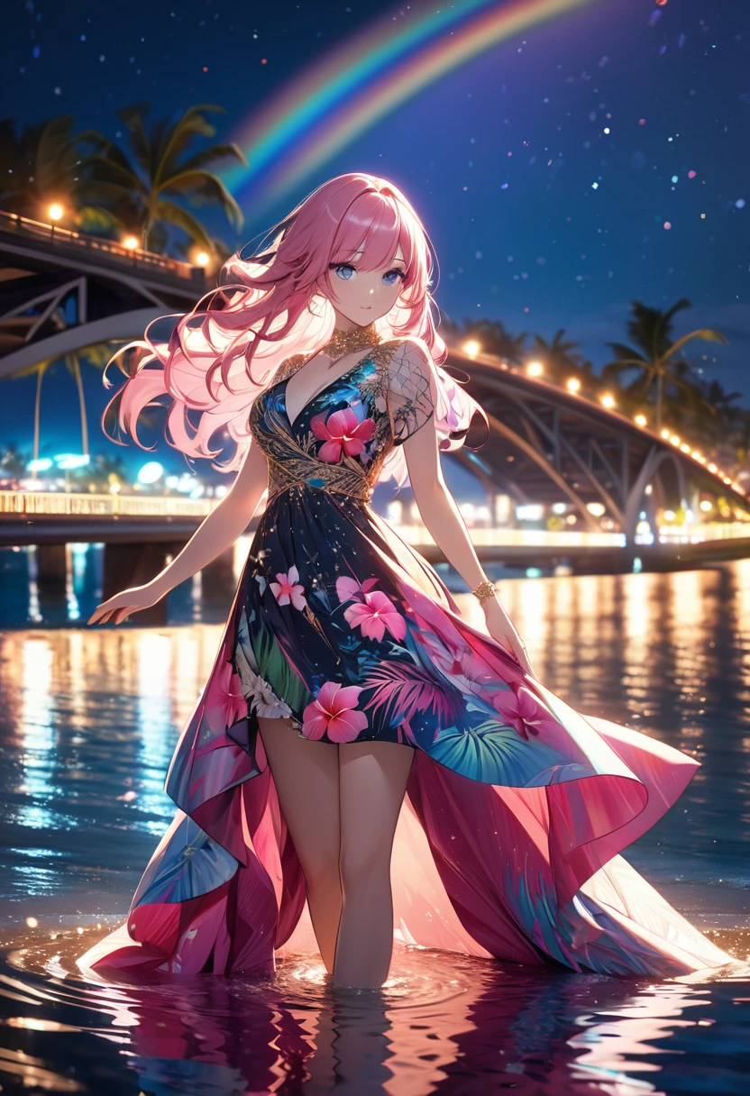 a beautiful woman in an elegant and intricate hawaiian dress with long pink hair and beautiful eyes, dress has complex design and patterns for a luxurious and high-end look, romantic hawaii beach at night with reflections on water and a bridge in the background, glittering and rainbow effects, cinematic lighting, dramatic pose