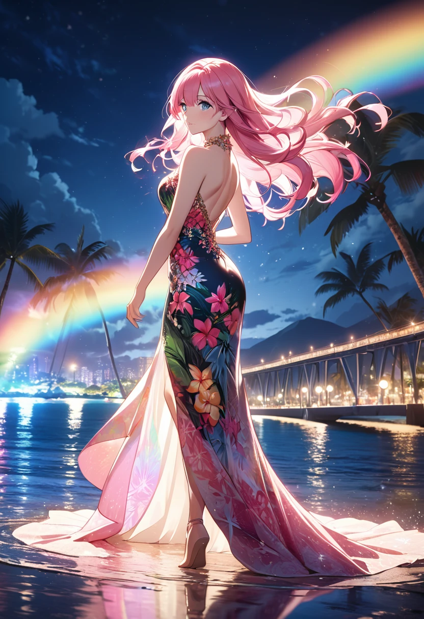 a beautiful woman in an elegant and intricate hawaiian dress with long pink hair and beautiful eyes, dress has complex design and patterns for a luxurious and high-end look, romantic hawaii beach at night with reflections on water and a bridge in the background, glittering and rainbow effects, cinematic lighting, dramatic pose