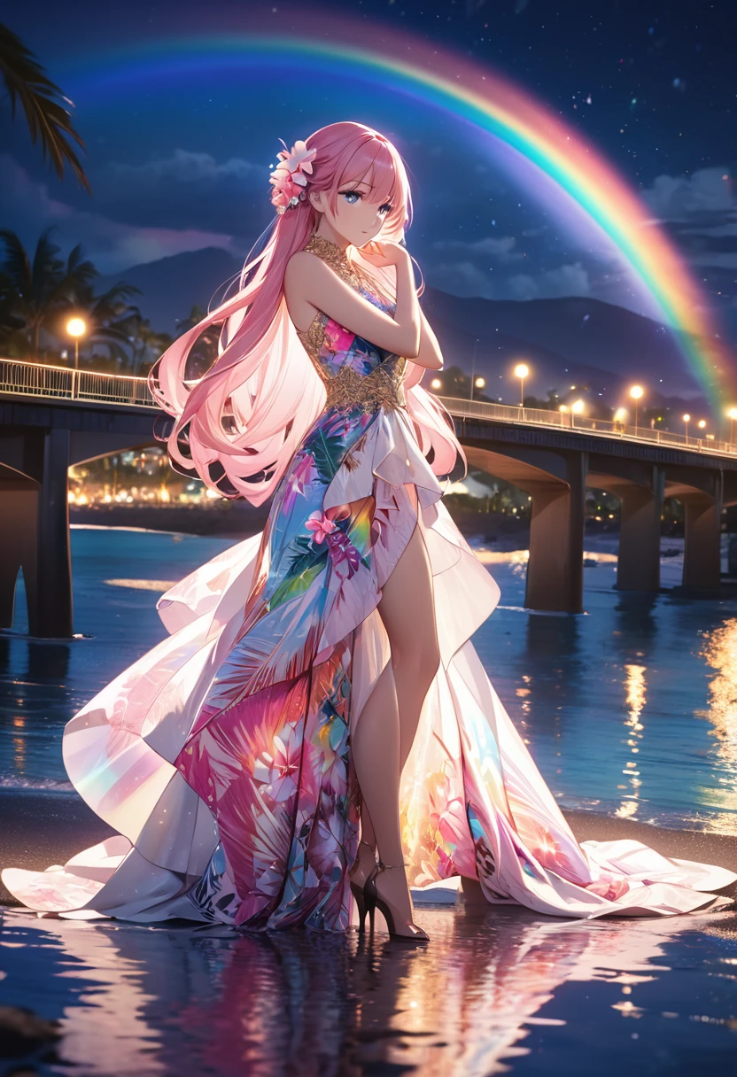 a beautiful woman in an elegant and intricate hawaiian dress with long pink hair and beautiful eyes, dress has complex design and patterns for a luxurious and high-end look, romantic hawaii beach at night with reflections on water and a bridge in the background, glittering and rainbow effects, cinematic lighting, dramatic pose