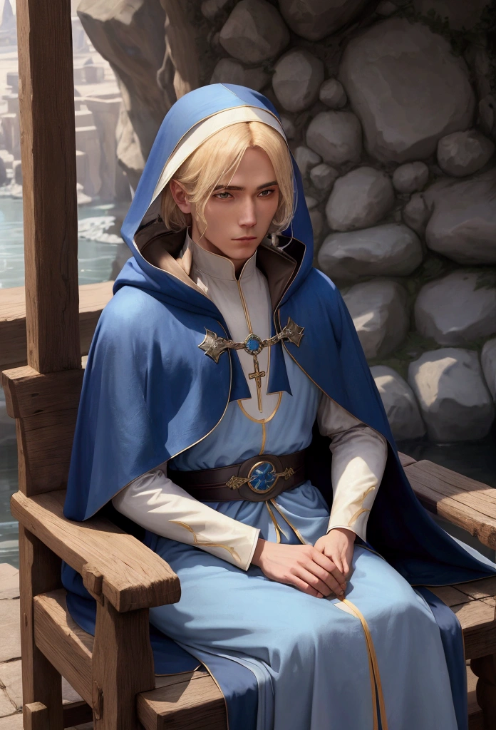 blond haired woman sitting on a stone bench with a Blue coat, Dress like a monk, ((Wearing a noble costume)), Blue coat, Image of a male nun, Azure Cape, Wearing a noble costume, Portrait of a Wildcloak fin, Alfriq Overguard, The delicate androgynous prince, River Male, Wear a cloak on the bomb plain., Blue coat