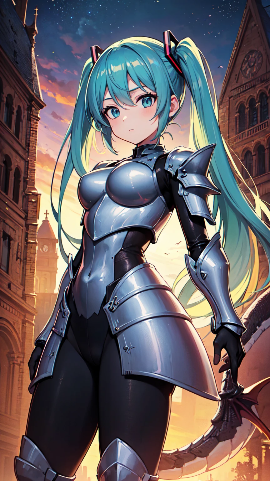 masterpiece, top quality, 8K Hatsune Miku VOCALOID, 1woman, ((dragon knight armor)), full armor, (knight armor), black tights, church,((Knight Girl)), ((Knight Armor Warrior)), ((DRAGON armor)), (Cybernetic Leotard ), Masterpiece, Top Quality, Ultra-Detailed, Dignified Face, Noise Reduction, Anime Visual, Heavy Cybernetic Leotard, Sci-Fi, Good_Face: 0.8, Knight