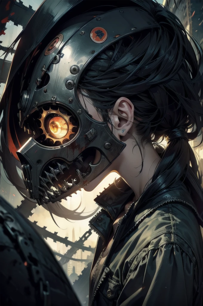 masterpiece, 最high quality, high quality, Super detailed, One person, alone, Long Hair, View your viewers, smile, Shine eyes, (((Has a chainsaw))), dystopian city Horror background, Upper Body, Black Hair, Blood, mask, Shine, Shine eyes , Has a chainsaw, Texas Chainsaw Girl, Horror, Dark atmosphere, Dark fantasy, Dynamic Angle, Dramatic Shadows, (It's dim:1.5), Blood on face, (Very beautiful精巧な顔:1.2), (Very beautiful、Fine grain:1.2), Perfect hands, Delicate legs, (Gothic style, Atmosphere of death), at night, Backstreets